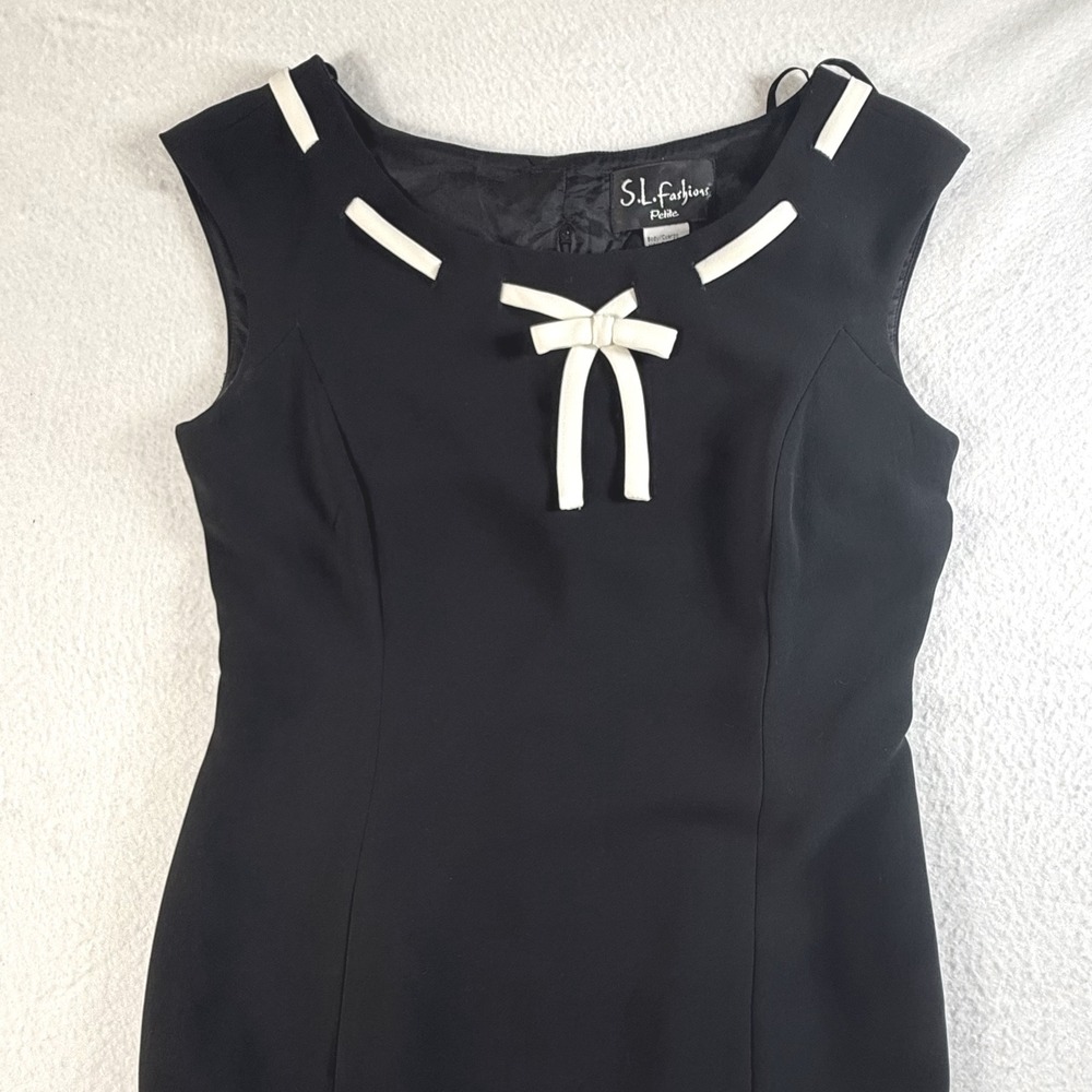 S.L. Fashions Sheath Dress Womens 6P Bow Trim Sleeveless Black NWT